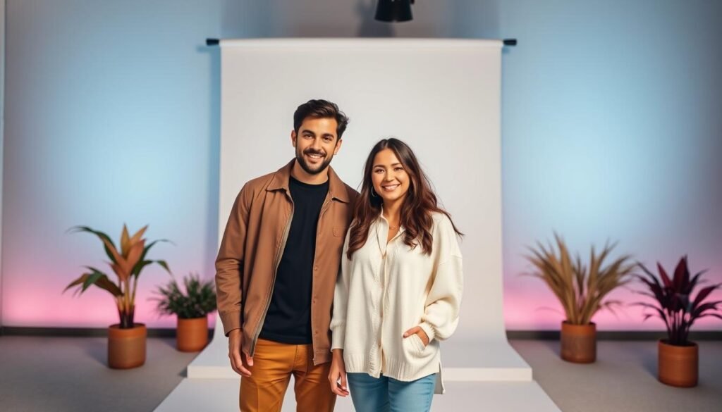 A collaborative scene of two influencers, one male and one female, showcasing their partnership. The foreground features the influencers posing together, dressed in stylish, modern outfits, engaging in a friendly, dynamic interaction. The middle ground displays a minimalist backdrop, with simple geometric shapes and gradients, creating a clean and contemporary setting. The background subtly hints at a digital, social media-inspired environment, with soft, diffused lighting and a gentle sense of depth, emphasizing the idea of online collaboration and influence.