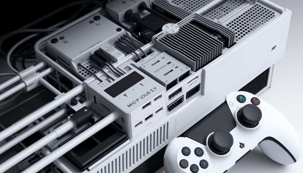 A complex network of interconnected ports, controllers, and power management systems, showcasing the intricate and efficient design of the next-generation gaming console. The console's sleek and minimalist exterior houses a powerful Wi-Fi 6/6E module, HDMI 2.1 interface, and advanced cooling solution, all meticulously engineered to deliver seamless, high-performance gaming experiences. The image should capture the technical prowess and attention to detail that defines the console's connectivity and power-efficient architecture, with a focus on the clean, modern aesthetics that complement the article's subject matter.