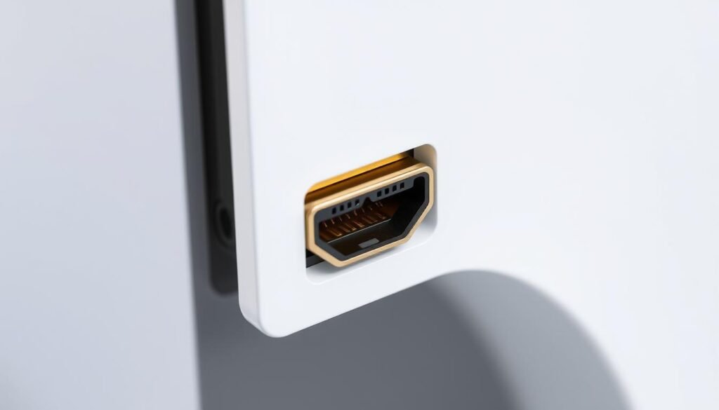 A detailed illustration of the HDMI 2.1 port on a sleek, modern gaming console. Showcase the port's striking design and advanced features in a well-lit, high-resolution close-up. Capture the metallic sheen and precise engineering with a shallow depth of field, emphasizing the port's technical prowess. Convey a sense of power and cutting-edge technology, reflecting the console's state-of-the-art connectivity and immersive gaming capabilities. The image should demonstrate HDMI 2.1's superior video and audio transmission, enabling the console to deliver stunning visuals and cinematic audio experiences.