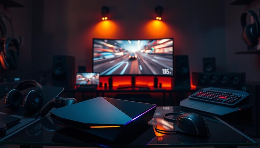 A dimly lit studio filled with state-of-the-art gaming hardware. In the foreground, a sleek, angular game console sits atop a glass table, its LED accents casting a soft glow. Surrounding it, various gaming peripherals - a high-performance controller, a wireless headset, and a cutting-edge gaming mouse and keyboard - are arranged in a purposeful layout. In the middle ground, a large, curved gaming monitor displays a fast-paced, graphically intense video game, its vivid colors and crisp visuals reflecting the console's raw power. The background is a hazy, moody atmosphere, with a subtle depth of field effect, emphasizing the focus on the gaming hardware and its performance. Warm, indirect lighting illuminates the scene, creating a sense of technical sophistication and immersive gaming experience.