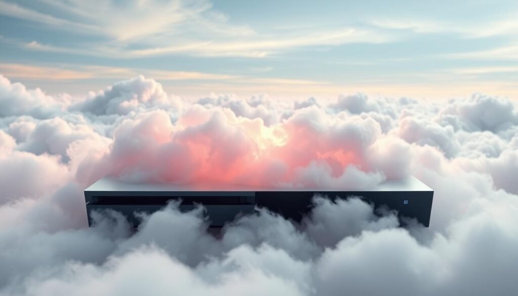A dynamic cloud gaming setup, with a sleek, minimalist console nestled amidst a layered landscape of wispy, ethereal clouds. The foreground showcases the console's striking silhouette, its metallic finish gleaming under the soft, diffused lighting. In the middle ground, the clouds part to reveal a vibrant display, showcasing a rich, immersive gaming experience. The background is a serene, expansive sky, the clouds gently drifting, creating a sense of limitless possibilities and a seamless connection between the physical and digital realms. The overall atmosphere is one of cutting-edge technology, effortless power, and a future-forward vision for cloud gaming.