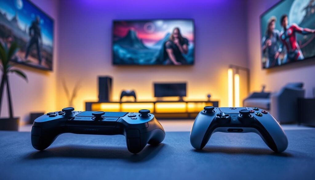 A futuristic gaming console control innovation scene, featuring sleek, high-tech game controllers with touch interfaces and adaptive haptic feedback. In the foreground, the controllers are artistically arranged on a modern, minimalist surface. The middle ground showcases a dimly lit gaming room with ambient neon lighting, highlighting sleek gaming consoles like the PlayStation 6 and Xbox Series X2 on a stylish shelf. The background features futuristic wall art depicting digital landscapes and iconic gaming characters. The atmosphere is energetic yet sophisticated, with a focus on innovation in gaming technology. Use low-angle shots to emphasize the controllers, and create a sharp focus with a bokeh effect on the background, enhancing the modern feel of the image.