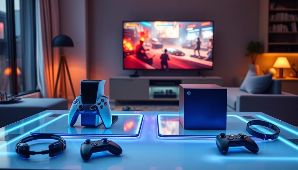 A futuristic gaming ecosystem featuring the PlayStation 6 and Xbox Series X2 at the forefront, elegantly positioned on a sleek gaming table with dynamic LED lighting. The consoles should appear modern, showcasing their unique designs and interface features, with glowing indicators. In the background, a cozy living room space with a large TV displaying a vibrant gaming scene enhances the atmosphere. Include subtle gaming accessories, like headsets and controllers, scattered artistically around the foreground. The lighting should be soft yet vivid, casting highlights that reflect the tech-savvy environment. Utilize a wide-angle lens perspective to capture depth, conveying a seamless migration experience for gamers. The overall mood should be exciting, representing innovation and compatibility in the gaming world. A futuristic gaming ecosystem featuring the PlayStation 6 and Xbox Series X2 at the forefront, elegantly positioned on a sleek gaming table with dynamic LED lighting. The consoles should appear modern, showcasing their unique designs and interface features, with glowing indicators. In the background, a cozy living room space with a large TV displaying a vibrant gaming scene enhances the atmosphere. Include subtle gaming accessories, like headsets and controllers, scattered artistically around the foreground. The lighting should be soft yet vivid, casting highlights that reflect the tech-savvy environment. Utilize a wide-angle lens perspective to capture depth, conveying a seamless migration experience for gamers. The overall mood should be exciting, representing innovation and compatibility in the gaming world.