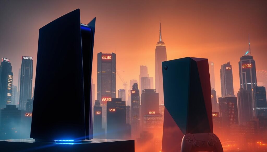 A futuristic neon-lit skyline, with towering next-gen game consoles emerging from the cityscape. In the foreground, a sleek, angular silhouette of a PlayStation 6 console, its surface pulsing with a vibrant blue glow. In the middle ground, an Xbox Series X2 unit, its geometric design radiating a warm, amber hue. Behind them, a dynamic landscape of skyscrapers, each one adorned with luminous release date countdowns, projecting the arrival of the next generation. Lighting is cinematic, with dramatic shadows and highlights, creating a sense of anticipation and technological prowess. The overall atmosphere is one of technological innovation, poised to transform the gaming experience.