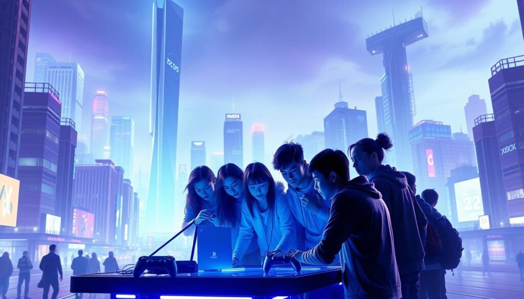 A glowing, futuristic cityscape set in the year 2025, with towering skyscrapers and neon-lit streets. In the foreground, a group of gamers eagerly gathered around a table, their eyes fixed on the latest gaming consoles - the PlayStation 6 and Xbox Series X2. The scene is bathed in a cool, bluish-purple hue, creating a sense of technological advancement and excitement. The background features a towering, sleek tower that serves as a metaphor for the "generation" of gaming, with the consoles representing the latest evolution in the industry. The overall atmosphere is one of anticipation and innovation, hinting at the thrilling gaming experiences that await in the near future. A glowing, futuristic cityscape set in the year 2025, with towering skyscrapers and neon-lit streets. In the foreground, a group of gamers eagerly gathered around a table, their eyes fixed on the latest gaming consoles - the PlayStation 6 and Xbox Series X2. The scene is bathed in a cool, bluish-purple hue, creating a sense of technological advancement and excitement. The background features a towering, sleek tower that serves as a metaphor for the "generation" of gaming, with the consoles representing the latest evolution in the industry. The overall atmosphere is one of anticipation and innovation, hinting at the thrilling gaming experiences that await in the near future.