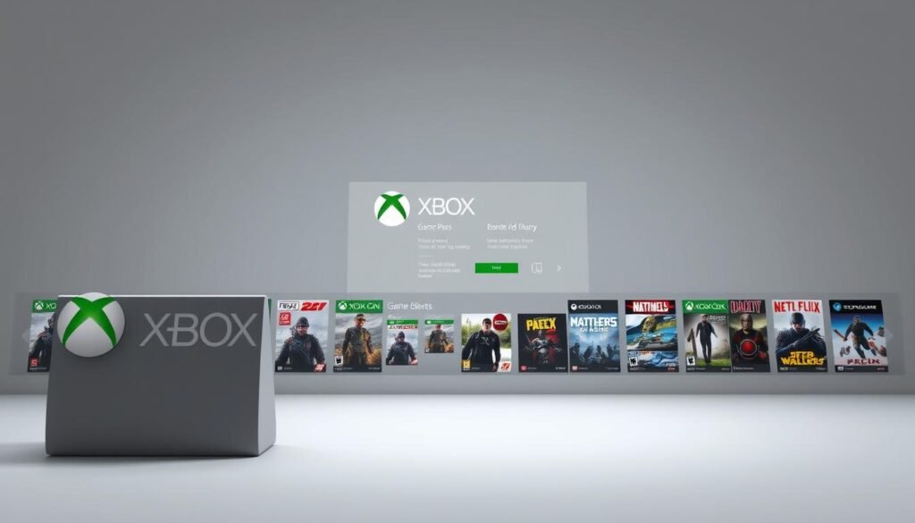 A high-quality, photorealistic image of the Xbox Game Pass service, showcasing its diverse game library and subscription features. The image should have a clean, minimalist design with a sleek, modern aesthetic. The foreground should prominently feature the Xbox Game Pass logo and branding, accompanied by several game covers or icons to represent the wide selection of titles available. The middle ground should include a clean, user-friendly interface or dashboard displaying the subscription options and benefits. The background should be a simple, neutral tone that allows the subject to be the focus, with subtle lighting and shadows to create depth and dimension. The overall mood should convey a sense of excitement, value, and the convenience of the Xbox Game Pass service.