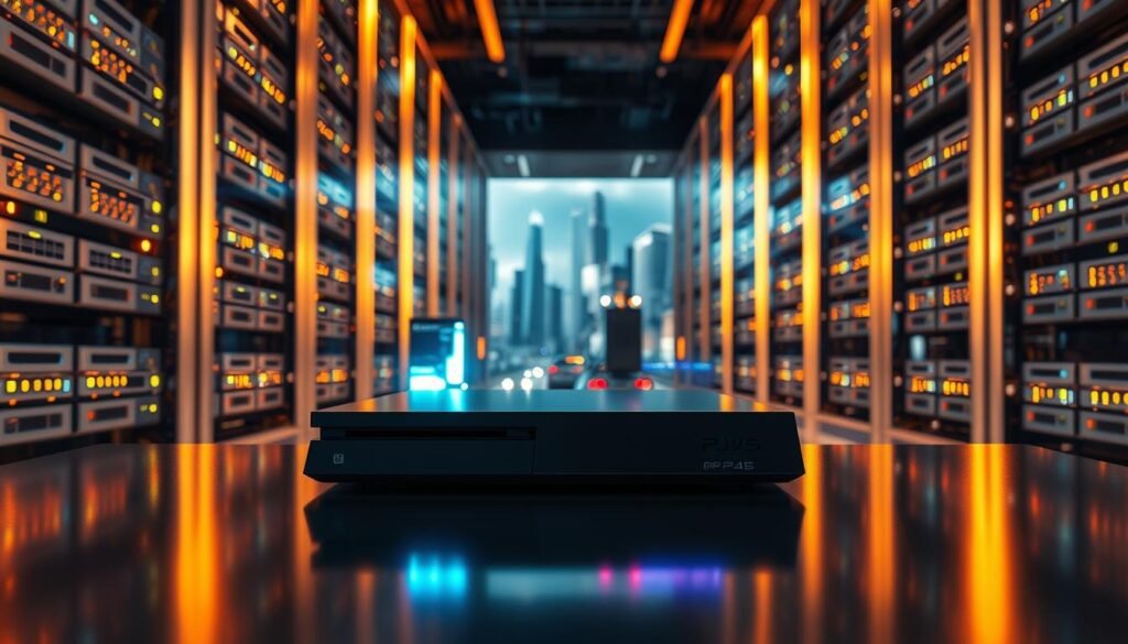 A high-tech data center filled with rows of shimmering silver solid-state drives, their LED status lights blinking in a hypnotic rhythm. In the foreground, a sleek gaming console rests on a glossy black surface, its lightning-fast SSD loading a stunning 4K game scene with incredible speed and fluidity. Warm ambient lighting casts a futuristic glow, while the background reveals a cityscape of towering skyscrapers, hinting at the power and innovation of the latest generation of gaming consoles.