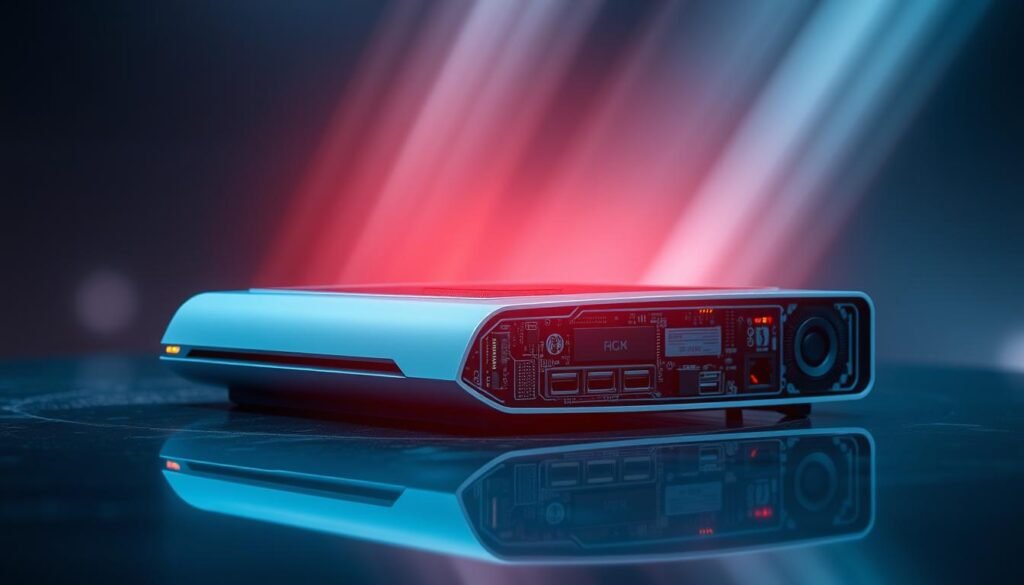 A high-tech gaming console with a sleek, futuristic design sits on a reflective surface, bathed in dynamic lighting. Its exterior panels display intricate circuits and components, showcasing the advanced internals. In the background, a backdrop of subtly shifting gradients evokes a sense of technological innovation and power. Beams of light emanate from the console, creating an aura of cutting-edge performance and immersive gaming experience. The scene conveys a balance of form and function, capturing the essence of the latest gaming hardware specifications and capabilities.