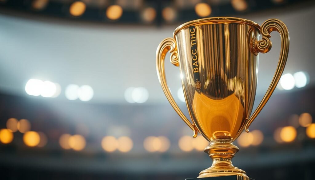 A majestic trophy shines brightly, its golden surface reflecting the warm glow of strategically placed lighting. The trophy's elegant, curvaceous form commands attention, symbolizing the hard-fought victory it represents. In the background, a soft, blurred backdrop of muted hues creates a sense of focus and emphasis on the trophy's prominence. The overall composition exudes a sense of power, accomplishment, and the thrill of triumph, perfectly capturing the essence of "kemenangan" or victory.