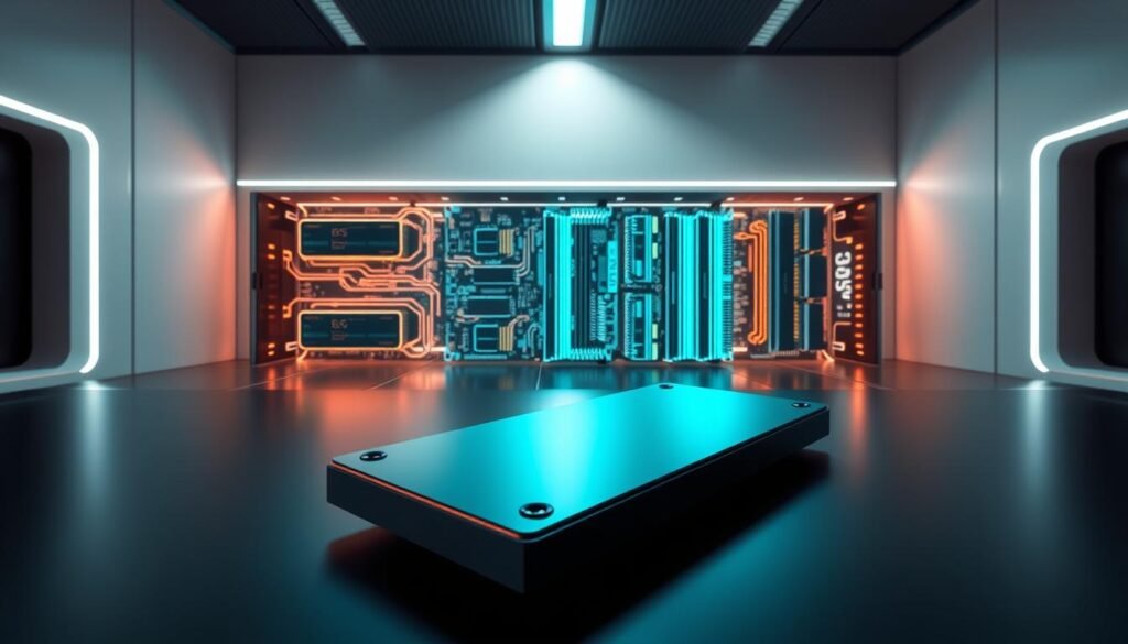 A meticulously designed modern storage system, featuring a sleek solid-state drive (SSD) in the foreground, showcasing its impressive read/write speeds and low latency. In the middle ground, a complex network of high-bandwidth data channels and memory modules, visualizing the advanced storage architecture. The background depicts a futuristic, minimalist environment with clean lines and soft, neutral lighting, emphasizing the technological prowess and efficiency of this cutting-edge storage solution. The overall composition conveys a sense of power, innovation, and seamless integration, perfectly suited to illustrate the "Storage and SSD: Loading Times, I/O Throughput, and Expansion" section of the article.