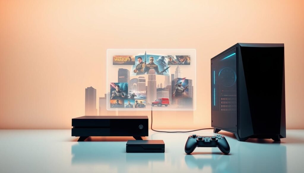 A modern cloud gaming setup against a minimalist backdrop. In the foreground, a sleek gaming console and a high-end gaming PC, seamlessly connected to a fast, low-latency internet connection. The middle ground features a floating holographic display, showcasing a variety of game titles available through a cloud gaming service. In the background, a cityscape with skyscrapers and a vibrant, neon-lit skyline, hinting at the global reach and scalability of the cloud gaming ecosystem. The scene is illuminated by warm, diffused lighting, creating a sense of technological sophistication and future-forward potential.
