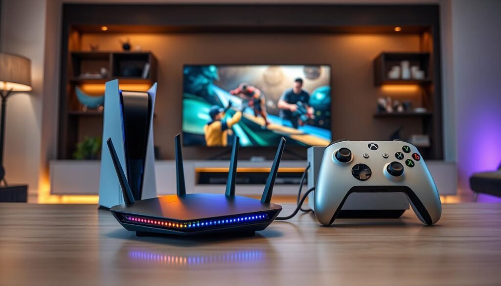 A modern gaming console setup featuring the PlayStation 6 and Xbox Series X2, showcasing their sleek designs with smooth, angular lines and premium finishes. In the foreground, a Wi-Fi 6E router with blinking lights reflects cutting-edge connectivity. The middle ground highlights both consoles connected via HDMI 2.1 cables, with vibrant LED lighting illuminating their intricate designs. In the background, a stylish home entertainment system with a large TV displays dynamic gaming graphics, creating an engaging atmosphere. Soft ambient lighting enhances the scene, suggesting high performance and advanced technology while maintaining a sleek, futuristic vibe. Capture the energy and excitement of next-gen gaming technology in a professional, polished environment.