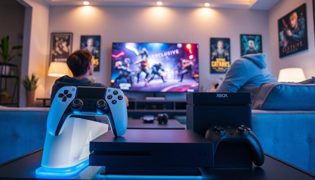 A modern living room featuring an immersive next-gen gaming console experience. In the foreground, a sleek PlayStation 6 and an Xbox Series X2 are prominently displayed on a stylish gaming console stand. Two gamers, a man and a woman, are deeply engaged in an intense gaming session, wearing casual yet professional attire. The soft glow of the consoles' LED lights casts a warm ambiance over the scene. In the middle ground, a large flat-screen TV showcases vibrant and dynamic visuals from an exclusive game, highlighting cutting-edge graphics. The background features a cozy, modern décor with gaming posters and ambient lighting. Use a low-angle shot to emphasize the consoles and create a sense of excitement and immersion, with focused lighting to enhance the gaming atmosphere.