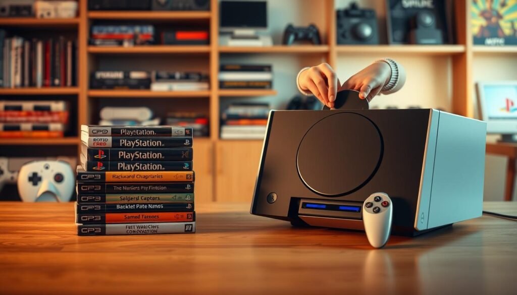 A retro gaming setup with a modern console, showcasing backward compatibility. In the foreground, an elegant PlayStation 6 console stands, its sleek design a testament to the future. Beside it, a stack of classic PlayStation games, their iconic covers a nostalgic reminder of gaming's past. In the middle ground, a player's hands delicately insert a disc, the console's display showing a familiar menu interface, seamlessly blending old and new. The background is softly lit, creating a warm and inviting atmosphere, with shelves of vintage gaming memorabilia adding to the sense of legacy. The scene conveys the seamless integration of a gaming library spanning generations, a testament to the enduring power of backward compatibility.