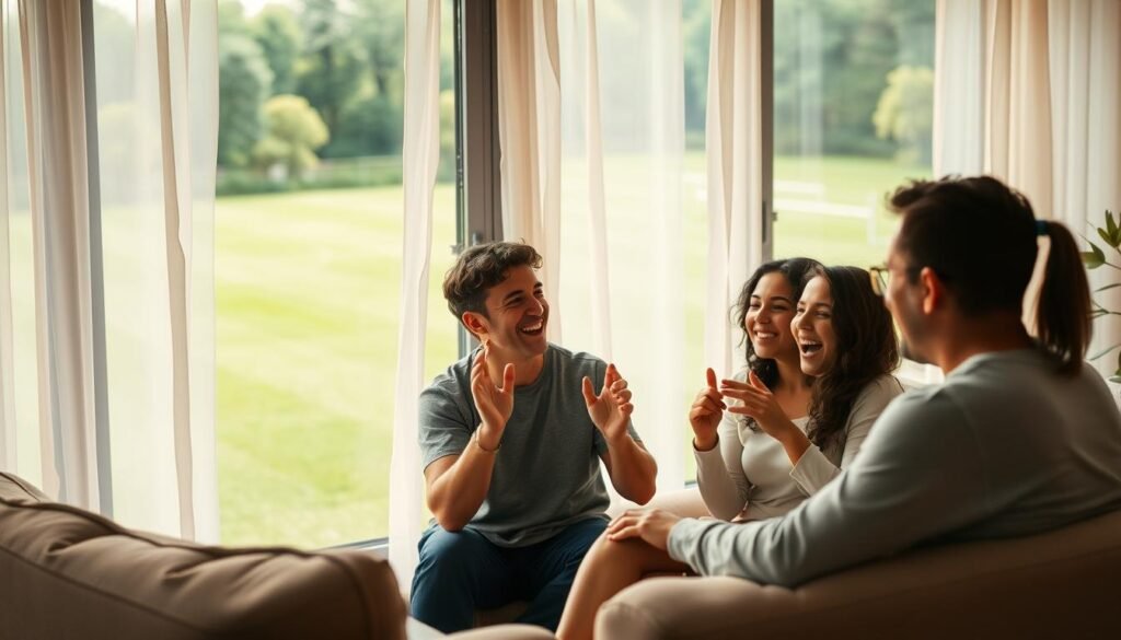 A serene living room with a large window overlooking a lush, verdant soccer field. Soft, warm lighting filters through sheer curtains, casting a gentle glow on the comfortable, plush furniture. A group of friends gather, their faces alight with joy and camaraderie as they engage in a spirited discussion, their hands gesturing expressively. The scene conveys a sense of tranquility and inner focus, a subtle reminder that the most meaningful victories often arise from the connections we forge in our everyday lives, transcending the boundaries of the playing field.