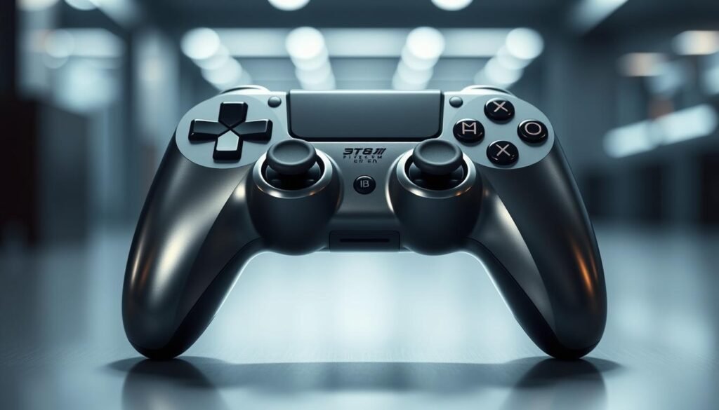A sleek and futuristic game controller, its metallic surface gleaming under the soft, directional lighting. The controller's ergonomic design features a pair of analog sticks, trigger buttons, and a d-pad, all precisely placed for an immersive and responsive gaming experience. The controller's angular form subtly reflects the sci-fi aesthetic, hinting at its advanced technological capabilities. In the foreground, the controller commands the viewer's attention, while the blurred background suggests a modern, minimalist setting, emphasizing the controller's importance as a central gaming interface. The overall mood conveys a sense of high-tech sophistication, perfectly suited for cinematic gaming experiences as well as competitive play.