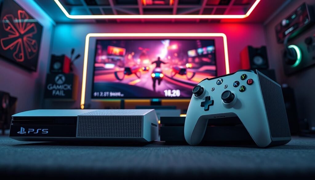 A sleek and modern gaming console setup featuring the PlayStation 6 and Xbox Series X2 side by side. In the foreground, showcase detailed close-ups of each console's design, highlighting their unique features and textures, accompanied by technical specs like a graphical display and cooling vents. The middle ground includes a stylish gaming TV, displaying a vibrant game scene, adding context to their hardware specifications. The background features a high-tech gaming room atmosphere with ambient LED lighting and futuristic gaming accessories such as headsets and controllers. The overall mood is competitive and cutting-edge, with dynamic lighting that enhances the consoles' sleek designs, shot from a low angle for an aggressive perspective.