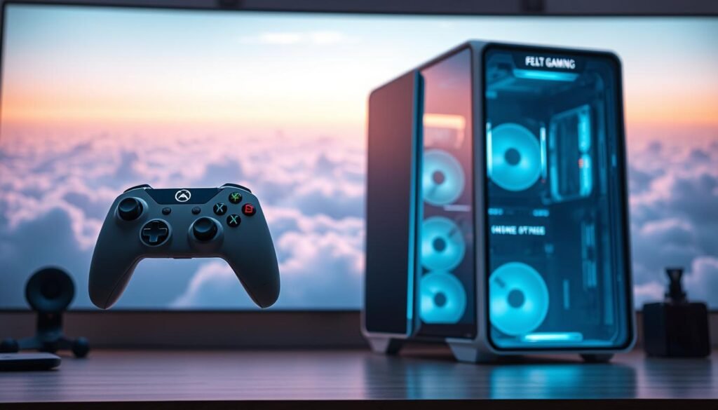 A sleek, futuristic gaming setup with a large, high-resolution display showcasing a cloud gaming service. In the foreground, a modern game controller hovers, its glowing buttons and triggers hinting at the seamless, low-latency experience. The middle ground features a streamlined, minimalist PC tower, its LED lights pulsing with power. In the background, a vast, ethereal cloudscape stretches, symbolizing the boundless possibilities of cloud gaming, where the processing power of remote servers is harnessed to deliver cutting-edge graphics and performance. The entire scene is bathed in a soft, ambient lighting that accentuates the technological elegance and the sense of immersion. The overall mood is one of sleek, futuristic sophistication, capturing the essence of the next generation of cloud gaming.