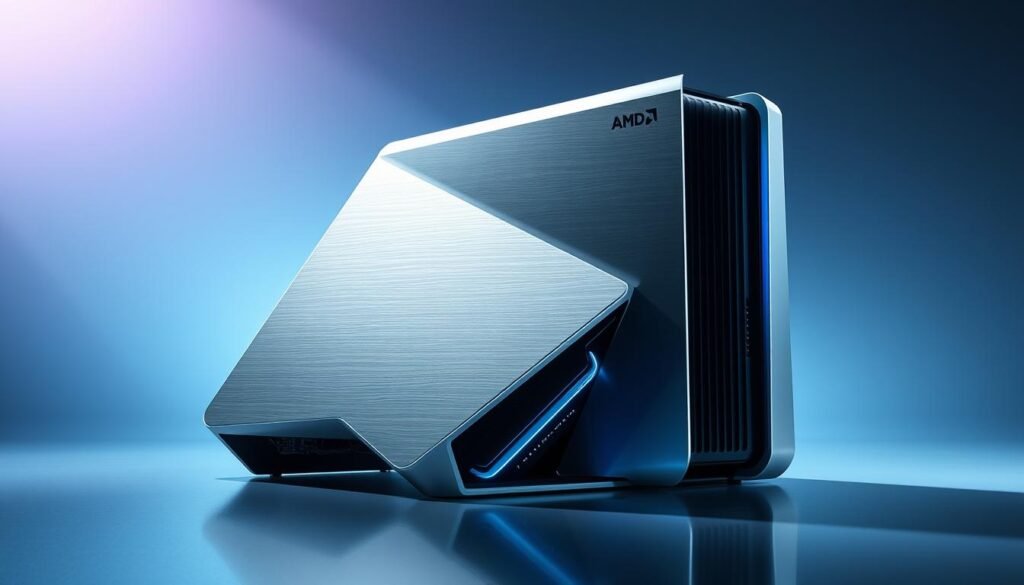 A sleek, futuristic hybrid gaming console-PC setup featuring an AMD Magnus APU, showcasing the latest advancements in high-performance, energy-efficient computing technology. Set against a backdrop of cool, metallic hues and clean, minimalist design, the device is bathed in a soft, indirect lighting that highlights its angular, brushed aluminum chassis and intricate circuit board details. The overall impression is one of cutting-edge, next-gen power and sophistication, hinting at the immersive, seamless gaming and multimedia experiences to come.