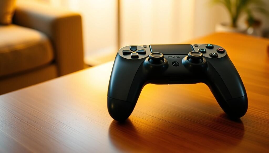 A sleek, modern console controller sitting on a wooden table, its glossy surface reflecting the warm, indirect lighting in the room. The controller's design exudes a premium, high-tech aesthetic, with clean lines, subtle accents, and a minimalist layout of buttons and joysticks. The table is clutter-free, allowing the controller to be the central focus. The background is softly blurred, hinting at a comfortable, domestic setting. The overall mood is one of refined simplicity, conveying a sense of the controller's value and desirability.