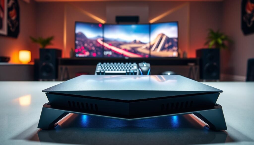 A sleek, modern gaming console displayed prominently in the foreground, showcasing its cutting-edge design with sharp angles, metallic finish, and illuminated vents. The console, reminiscent of futuristic hardware, is artistically positioned on a stylish surface. In the middle ground, a high-tech gaming setup is visible, featuring an ultra-wide gaming monitor displaying vibrant graphics, paired with a responsive gaming keyboard and mouse. Behind the console, a blurred background hints at a contemporary gaming room, reflected in soft ambient lighting that creates a warm and inviting atmosphere. The angle captures the console from a low perspective, emphasizing its dominance in the gaming ecosystem. The overall mood conveys excitement and innovation, perfect for a comparison of next-gen gaming hardware, focusing on performance features like CPU and GPU technologies. A sleek, modern gaming console displayed prominently in the foreground, showcasing its cutting-edge design with sharp angles, metallic finish, and illuminated vents. The console, reminiscent of futuristic hardware, is artistically positioned on a stylish surface. In the middle ground, a high-tech gaming setup is visible, featuring an ultra-wide gaming monitor displaying vibrant graphics, paired with a responsive gaming keyboard and mouse. Behind the console, a blurred background hints at a contemporary gaming room, reflected in soft ambient lighting that creates a warm and inviting atmosphere. The angle captures the console from a low perspective, emphasizing its dominance in the gaming ecosystem. The overall mood conveys excitement and innovation, perfect for a comparison of next-gen gaming hardware, focusing on performance features like CPU and GPU technologies.