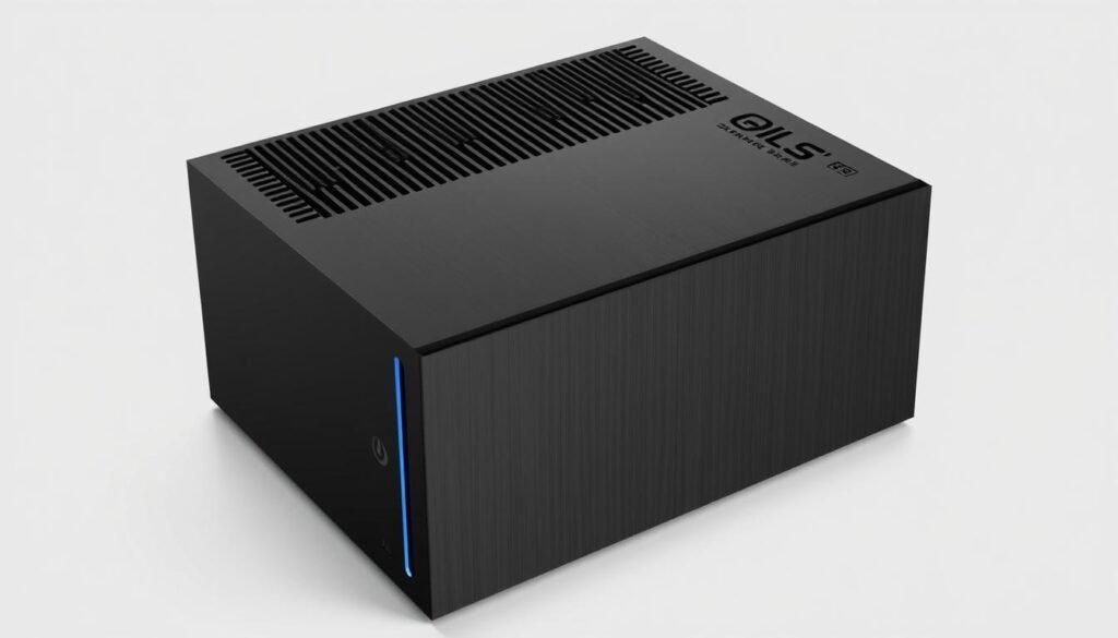 A sleek, modern gaming console with a minimalist design. A brushed metal chassis in a bold, matte black finish, accented by subtle LED lighting. The console's angular silhouette and clean lines convey a sense of power and sophistication. The top features an array of precision-engineered ventilation slots, ensuring efficient cooling for high-performance gaming. The front panel showcases a clean, uninterrupted face with a single power button, exuding a premium, high-tech aesthetic. Viewed from the side, the console appears thin and streamlined, with a low-profile footprint that complements any entertainment setup. Elegant, understated, and radiating a palpable sense of cutting-edge technology, this gaming hardware embodies the pinnacle of contemporary industrial design.