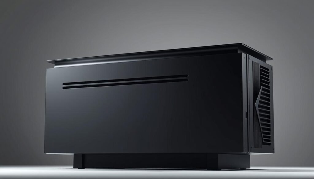 A sleek, modern industrial design console with a minimalist aesthetic. The console features a rectangular, monolithic form with sharp, clean lines and a matte black finish. The top surface is gently curved, creating a sense of refined elegance. The front panel showcases subtle air vents, strategically placed for optimal heat dissipation. The sides display a unique, angular cooling system with a series of intricate heatsinks, ensuring efficient thermal management. The console is captured from a low, three-quarter angle, emphasizing its imposing presence and impressive dimensions. The lighting is a combination of soft, indirect illumination and crisp, directional highlights, creating a sense of depth and technical sophistication. The overall mood is one of cutting-edge design, power, and innovation.