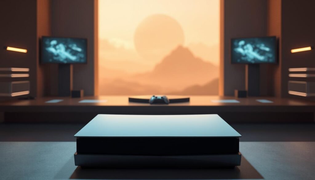A sleek, modern next-generation gaming console sits prominently in the foreground, its clean lines and bold, angular design exuding a sense of power and sophistication. The console is bathed in a warm, soft lighting, casting subtle shadows that accentuate its sculptural form. In the middle ground, a minimalist, high-tech environment unfolds, with holographic displays and subtle ambient illumination, suggesting a futuristic setting. The background fades into a hazy, atmospheric perspective, hinting at a vast, expansive world beyond, ready to be explored through the console's advanced capabilities. The overall scene conveys a sense of cutting-edge technology, immersive gameplay, and a glimpse into the future of gaming.