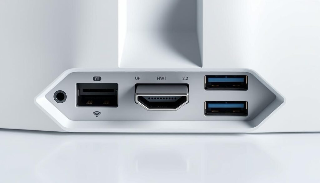 A sleek, modern rendering of a next-generation gaming console's connectivity ports. In the center, a high-resolution HDMI 2.1 port shines with a polished, metallic finish. Surrounding it, a clean array of Wi-Fi 6 antennas and USB 3.2 ports, all expertly integrated into a minimalist, angular design. The lighting is soft and diffused, casting subtle shadows that accentuate the precision engineering. The overall aesthetic conveys a sense of advanced, cutting-edge technology ready to power the latest immersive gaming experiences.