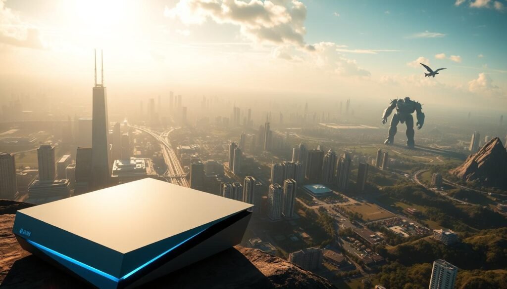A sprawling, hyper-detailed vista of next-generation gaming visuals. In the foreground, a cutting-edge gaming console emits a soft, ethereal glow, its sleek lines and angular design hinting at its immense power. Behind it, a vast, photorealistic landscape unfolds - soaring skyscrapers, bustling cityscapes, and lush natural environments, all rendered with breathtaking clarity and depth. Intricate lighting effects cast dramatic shadows and highlights, creating a sense of depth and atmosphere. In the distance, towering, photorealistic game characters move with fluid, lifelike motion, their faces and expressions conveying a level of detail never before seen in interactive media. The overall mood is one of technological awe and futuristic wonder, a tantalizing glimpse of the visually stunning worlds to come in the next generation of gaming.