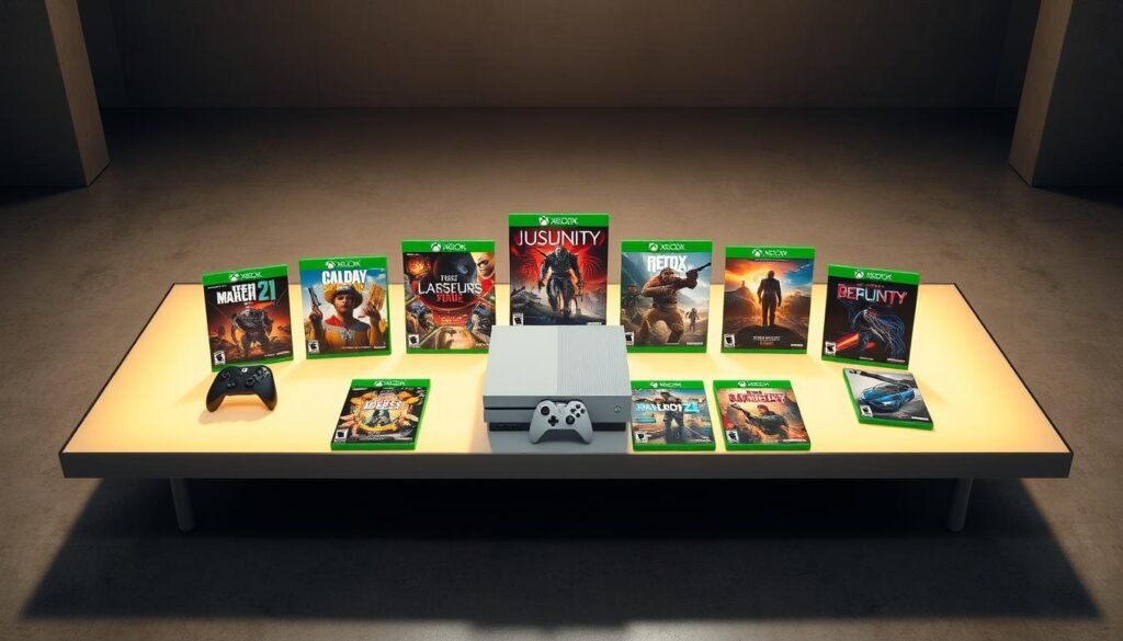 A stunning array of Xbox Series X2 games displayed on a sleek, modern table. The games are meticulously rendered, with vibrant covers and intricate details that draw the eye. The table is illuminated by a soft, warm light, casting a cozy glow over the scene. The background is a minimalist, industrial-inspired setting, with clean lines and muted tones that complement the gaming hardware. The overall composition is balanced, with the games taking center stage, inviting the viewer to imagine the immersive experiences they offer. The image conveys a sense of excitement and anticipation for the latest innovations in console gaming.