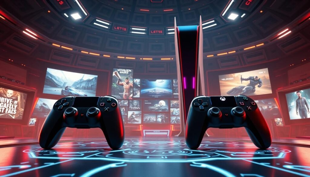 A vast and immersive gaming arena, showcasing the cutting-edge exclusives of the next-generation PlayStation 6 and Xbox Series X2 consoles. In the foreground, two sleek, futuristic controllers lay poised, ready to immerse players in high-fidelity, ray-traced worlds. The middle ground features holographic displays, showcasing the diverse array of genre-defining games, from sprawling open-world adventures to lightning-fast competitive titles. Looming in the background, the two towering consoles stand as monuments to technological innovation, their angular designs and glowing accents hinting at the boundless possibilities of the new console generation. Bathed in a warm, cinematic lighting, the scene evokes a sense of excitement and anticipation, inviting the viewer to imagine the exhilarating experiences that await within the exclusive gaming ecosystems.