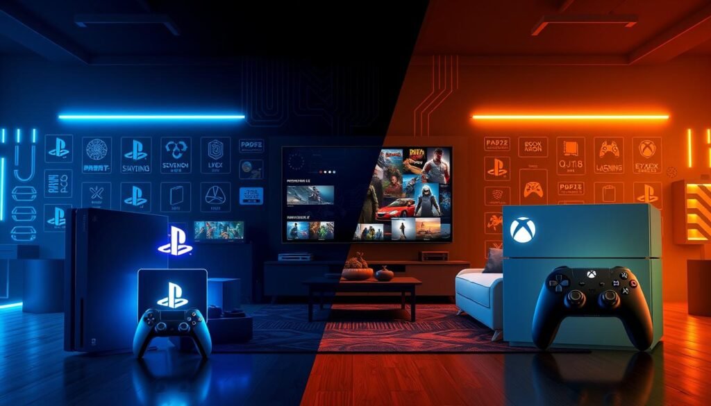 A vibrant and dynamic digital artwork showcasing a split visual theme representing "Layanan Langganan Gaming" for the PlayStation 6 and Xbox Series X2. In the foreground, feature sleek gaming consoles with illuminated logos, surrounded by various subscription service symbols and game titles in an organized layout. The middle ground should depict a cozy gaming environment with stylish furniture, showcasing a large flat-screen TV displaying stunning graphics from both consoles. The background should fade into a dark, tech-inspired ambiance, filled with subtle circuit patterns and glowing accents. Use dramatic, focused lighting to highlight key elements, creating a high-energy atmosphere that embodies innovation and excitement in gaming services for 2025.