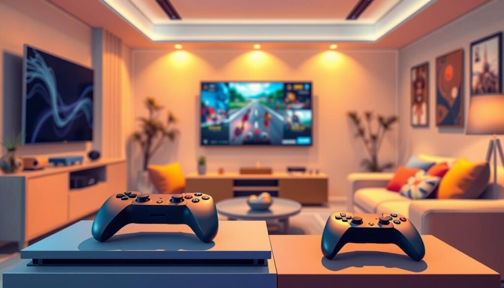 A vibrant and engaging illustration featuring a modern living room setting designed for Indonesian gamers. In the foreground, a sleek gaming console, inspired by the aesthetics of both the PlayStation 6 and Xbox Series X2, is showcased on a stylish entertainment unit. A large flat-screen TV displays dynamic game graphics, with gaming controllers placed nearby. The middle ground includes a cozy, inviting sofa with colorful cushions, hinting at a relaxing gaming environment. The background features Indonesian elements, like traditional art or subtle decor to represent local culture. Soft, warm lighting creates an inviting atmosphere, highlighting the excitement of gaming. A wide-angle perspective enhances the depth, making the setting feel immersive and engaging for readers.