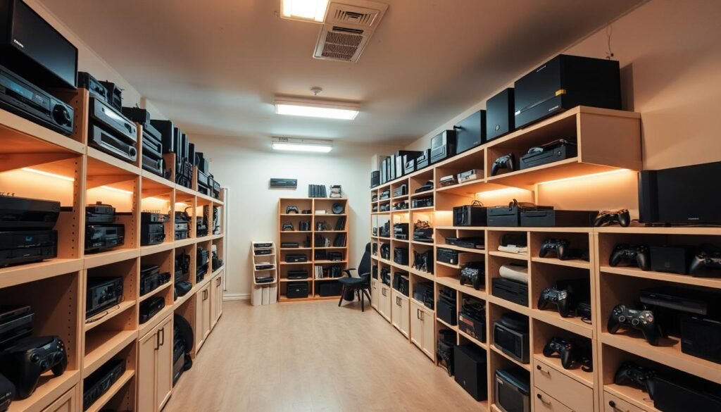 A well-lit and organized storage room, with rows of shelves and cabinets holding a variety of gaming consoles, controllers, and other accessories. The room has a clean, minimalist design with a neutral color palette, allowing the gaming hardware to be the focal point. Warm lighting from overhead fixtures casts a soft glow, creating a comfortable and inviting atmosphere. The camera angle is slightly elevated, providing a comprehensive view of the storage setup. The scene conveys a sense of order, efficiency, and a passion for gaming technology.