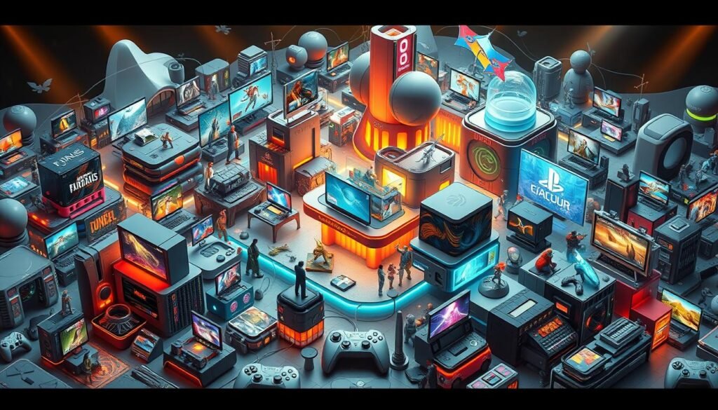 Detailed 3D illustration of a complex, interconnected gaming ecosystem. A vibrant, futuristic landscape featuring a variety of gaming platforms, devices, and content seamlessly integrated. Diverse game genres, from AAA titles to indie releases, coexist harmoniously. Emphasis on backwards compatibility, allowing legacy systems and games to thrive alongside modern innovations. Warm, inviting lighting creates a sense of depth and immersion. Camera positioned at a slight low angle to convey the scale and scope of the integrated gaming world. Subtle, elegant branding elements subtly incorporated to hint at the premium quality and long-term value of the ecosystem.
