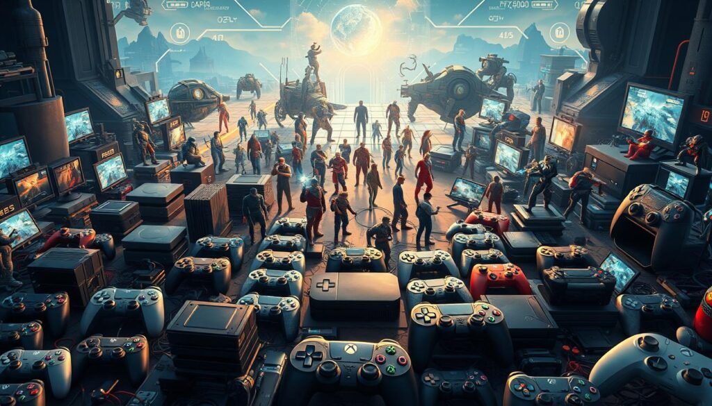 Detailed, photorealistic illustration of a vibrant gaming ecosystem. In the foreground, a sprawling collection of video game consoles, controllers, and accessories, meticulously rendered with intricate textures and dynamic lighting. In the middle ground, a diverse array of game characters, representing various genres and franchises, engaged in seamless digital interactions. The background showcases a technologically advanced landscape, with futuristic interfaces, holographic displays, and a sense of connectivity and integration. The overall mood is one of immersion, innovation, and the seamless convergence of hardware, software, and digital experiences. Detailed, photorealistic illustration of a vibrant gaming ecosystem. In the foreground, a sprawling collection of video game consoles, controllers, and accessories, meticulously rendered with intricate textures and dynamic lighting. In the middle ground, a diverse array of game characters, representing various genres and franchises, engaged in seamless digital interactions. The background showcases a technologically advanced landscape, with futuristic interfaces, holographic displays, and a sense of connectivity and integration. The overall mood is one of immersion, innovation, and the seamless convergence of hardware, software, and digital experiences.