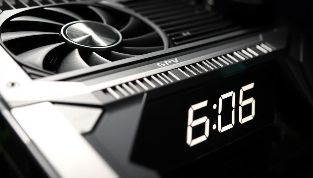 High-resolution close-up of a powerful GPU heatsink and clock display, showcasing its advanced cooling system and blazing fast clock speed. The heatsink is sleek and metallic, with intricate fin designs and a prominent GPU logo. The digital clock readout prominently displays a high GPU clock rate, emphasizing the impressive processing power. Dramatic lighting casts strong shadows, creating an intense, high-tech atmosphere. The image is captured at a slight angle, highlighting the GPU's complex architecture and engineering. The overall composition conveys the raw computational might and technological prowess of cutting-edge gaming hardware.