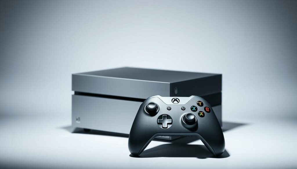 Sleek and modern Xbox Series console against a minimalist backdrop. The device is rendered in metallic black and white tones, with clean lines and a striking silhouette. Dramatic lighting casts dramatic shadows, emphasizing the console's angular design. In the foreground, the controller is prominently featured, its ergonomic curves and textured grips inviting interaction. The background is a simple, muted gradient, allowing the focus to remain on the hardware. Overall, the image conveys a sense of power, sophistication, and the cutting-edge technology of the latest generation of gaming consoles.