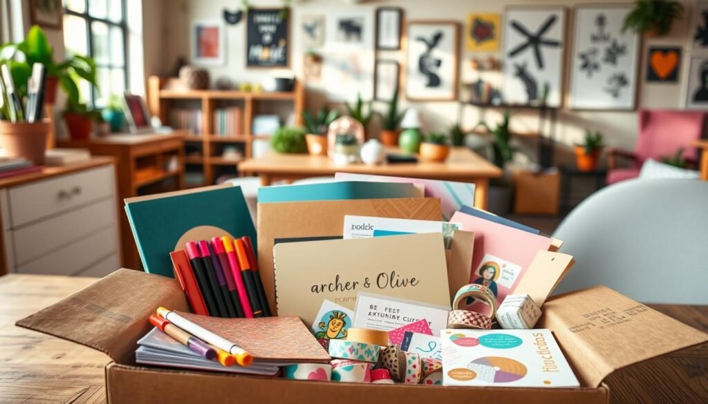 A beautifully arranged subscription box from Archer and Olive, overflowing with creative supplies like colorful notebooks, vibrant markers, artistic stickers, and decorative washi tape. In the foreground, an elegant display showcases the products in an inviting, cozy workspace with warm wooden textures and soft natural lighting streaming in from a nearby window. The middle ground features neatly organized art tools and craft papers, while the background hints at a creative studio environment with inspirational artwork and plants. The scene evokes a sense of community and creativity, encouraging artistic expression, with a mood that is light-hearted and inspirational, perfect for a creative hub. The angle captures the items from a slightly elevated perspective, enhancing the visual appeal.