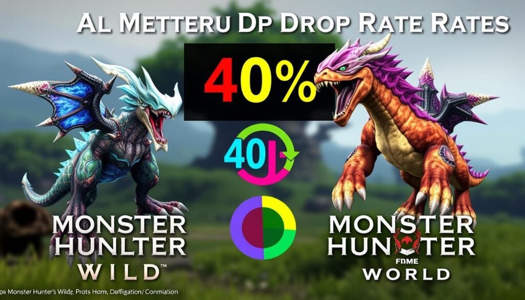 A detailed comparison image showcasing the material drop rates from "Monster Hunter Wilds" and "Monster Hunter World." In the foreground, display two distinct monster icons from each game, with vibrant colors and intricate details highlighting their unique designs. In the middle, have a visual representation of the drop rates, such as a colorful bar graph or pie chart, with contrasting colors to emphasize the 40% difference. The background should be a blurred landscape setting reminiscent of Monster Hunter environments, with lush greenery and subtle textures, giving an atmospheric feel. Soft, diffused lighting enhances the clarity of the icons and data visualizations, creating a professional, informative, yet engaging mood. Camera angle should slightly tilt downwards, providing a comprehensive view. No text or watermarks included.