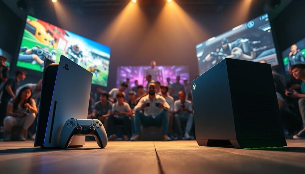 A dynamic and engaging scene featuring two gaming consoles, PlayStation 6 and Xbox Series X2, prominently positioned in the foreground. The PlayStation 6, sleek and futuristic with a glowing blue LED, is on the left, while the Xbox Series X2, robust and angular with a green accent, is on the right. In the middle ground, a vibrant, high-tech gaming environment showcases both exclusive games, displaying vivid graphics on large screens behind each console. The background is filled with a subtle crowd of diverse gamers, immersed in gameplay, creating a sense of competition. The lighting is dramatic, with a spotlight effect on the consoles and soft ambient light illuminating the gamers, enhancing the excitement of the "Console War." Capture this moment from a low angle to emphasize the consoles' greatness and a modern gaming atmosphere.