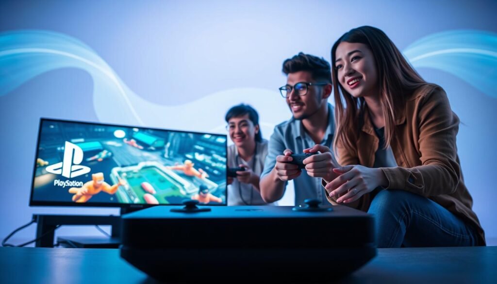 A dynamic and futuristic composition representing cloud gaming services, featuring a sleek gaming console with glowing elements against a minimalist background. In the foreground, a stylish gaming setup displays a high-definition screen showcasing vibrant game graphics, emphasizing PlayStation and Xbox logos subtly without overlaying text. In the middle ground, a diverse group of three young adults (one Asian female, one Black male, one Caucasian female) in casual attire are engaged in gaming, showcasing excitement and focus. The background fades into an abstract representation of cloud technology with soft, ethereal lighting, creating a sense of immersion. The overall mood is energetic and competitive, capturing the essence of the gaming duel between the brands. Use a wide-angle lens perspective to enhance depth and detail.