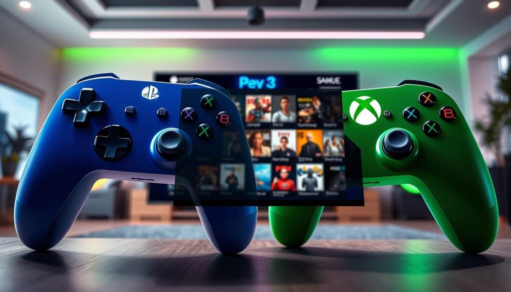 A dynamic and visually striking image illustrating the concept of gaming subscription services, prominently featuring elements representing PlayStation Plus and Xbox Game Pass. In the foreground, a split screen showcases two gaming controllers, one adorned in sleek PlayStation blue and the other in vibrant Xbox green, highlighting their logos. The middle layer depicts a variety of popular game titles displayed on a futuristic digital interface, symbolizing diverse gaming options available in each subscription service. In the background, a modern gaming room with soft, ambient lighting and a large screen showcases the excitement of gameplay. The mood is competitive yet inviting, capturing the essence of the ongoing console battle of 2025. Use a wide-angle lens perspective to create a sense of depth, while ensuring everything is bright, colorful, and engaging, with smooth lighting enhancing the gaming atmosphere.