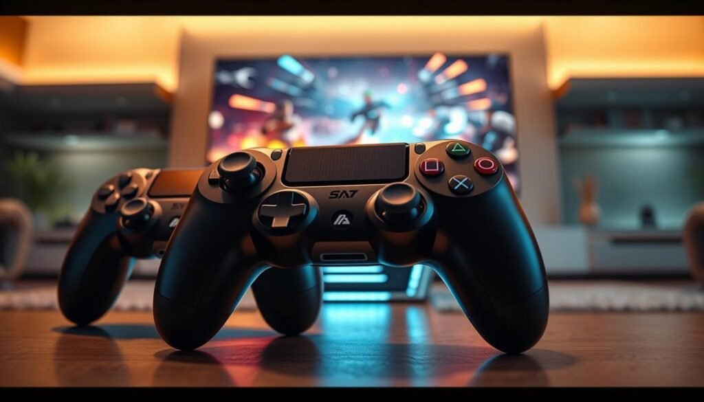A futuristic gaming controller ecosystem displayed prominently in the foreground, featuring sleek, modern designs with customizable features, illuminated buttons, and advanced haptic feedback technology. The middle layer showcases a gaming console, emphasizing its compatibility with a variety of devices, surrounded by a subtle glow. In the background, a digitally rendered living room setup features a large, high-definition screen playing a vibrant, action-packed game scene, creating an immersive atmosphere. Soft ambient lighting casts a warm glow over the entire setup, evoking a sense of excitement and innovation. The angle is slightly elevated, focusing on the controller and console, conveying a professional yet inviting mood. The scene is clear of any text, logos, or distractions.
