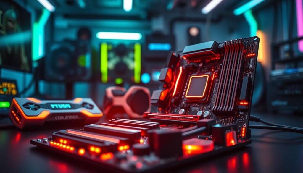 A futuristic motherboard design showcased in a high-tech setting, highlighting its advanced features for gaming. In the foreground, a sleek motherboard is centered, with glowing circuitry and intricate thermal management components emphasizing its future-proof capabilities. In the middle ground, there are modern gaming components like a graphics card and RAM sticks, all with neon accents for a dynamic look. The background features a softly illuminated tech workspace, with ambient blue and green lighting creating a futuristic atmosphere. The shot is captured from a low angle to emphasize the motherboard's design, with a shallow depth of field keeping the focus sharp on the motherboard while gently blurring the background. The overall mood is innovative and tech-savvy, perfect for illustrating advanced gaming technology.