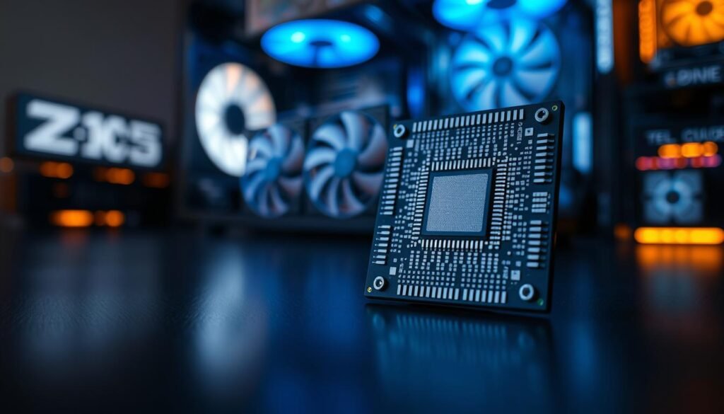 A highly detailed close-up of a next-generation Thermal Management Chip, 2nm technology, showcasing intricate circuitry and heat-dissipation features. The chip is placed on a sleek black background, illuminated by soft blue and white LED lights to highlight its advanced engineering and precision. In the foreground, subtle reflections of the chip can be seen, adding depth. The middle ground features a stylized cooling system with fans and heat sinks designed for optimal performance. The background is a blurred image of a modern gaming setup, hinting at a high-tech environment. The mood is focused and innovative, conveying the cutting-edge advancements in thermal management for gaming technology. Emphasize clarity and sharpness to enhance visual appeal without any text or logos.