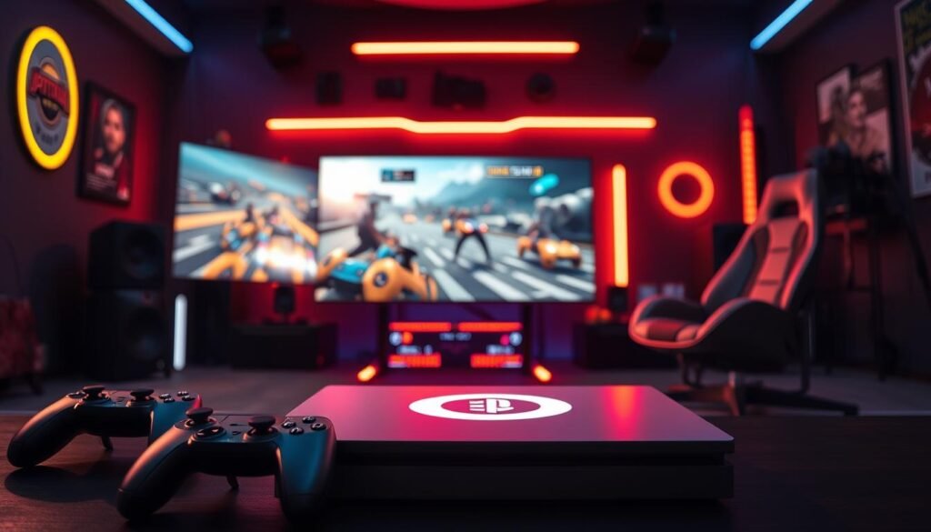 A highly detailed image showcasing an exclusive gaming console with advanced features designed to enhance gameplay. In the foreground, a sleek and modern console with an illuminated logo stands prominently, with gaming controllers beside it. The middle layer features a high-tech display screen showing vibrant graphics from a next-gen game, highlighting realistic imagery and fluid animation. In the background, a stylish gaming setup is visible, consisting of ambient LED lighting, a comfortable gaming chair, and sound systems, all exuding a futuristic feel. Use dramatic, soft lighting to create a dynamic atmosphere, with a slight vignette effect, focusing the viewer's attention on the console as the centerpiece of next-gen gaming innovation.