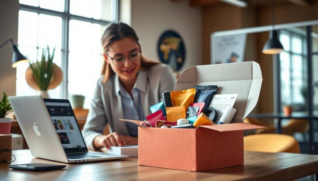 A modern subscription box service setup, showcasing a neatly arranged and colorful subscription box, partially opened to reveal various product samples inside, like beauty items, snacks, and tech gadgets. In the foreground, a young professional in business casual attire is examining the box curiously, with a laptop displaying a subscription service website nearby. The middle ground features a stylish workspace with minimalistic décor, emphasizing a tech-savvy atmosphere. In the background, a large window allows natural light to fill the room, creating a warm and inviting mood. The overall composition should convey excitement and convenience in modern shopping, focusing on the interactivity and personalization of subscription boxes.