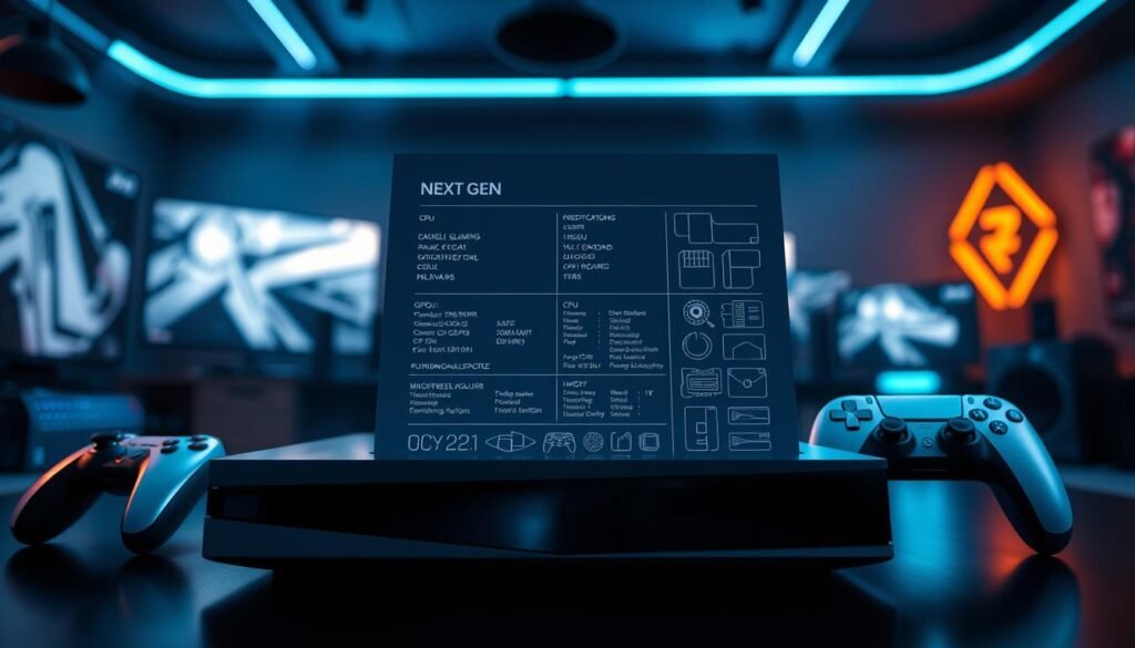 A sleek and modern next-gen gaming console design showcased prominently in the foreground, featuring futuristic contours and a glossy finish. The console is accompanied by high-tech peripherals such as controllers and a VR headset. In the middle ground, a detailed technical specifications sheet is artistically displayed, highlighting CPU, GPU, and memory specs with intricate diagrams and data. The background features a dimly lit gaming room with ambient LED lighting, enhancing the high-tech feel. The atmosphere is energetic and innovative, suggesting excitement for the next-gen gaming experience. Use a slight depth of field to focus on the console while softly blurring the background. The scene is illuminated with dramatic spotlighting to create an engaging and sophisticated ambiance.